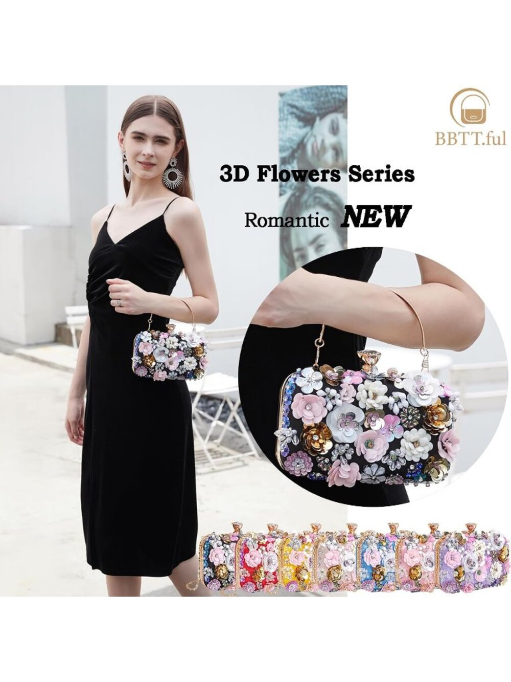 Women's Black Floral Beaded Chain Strap Party Prom Clutch Purse Evening Bag - Picture 2 of 7